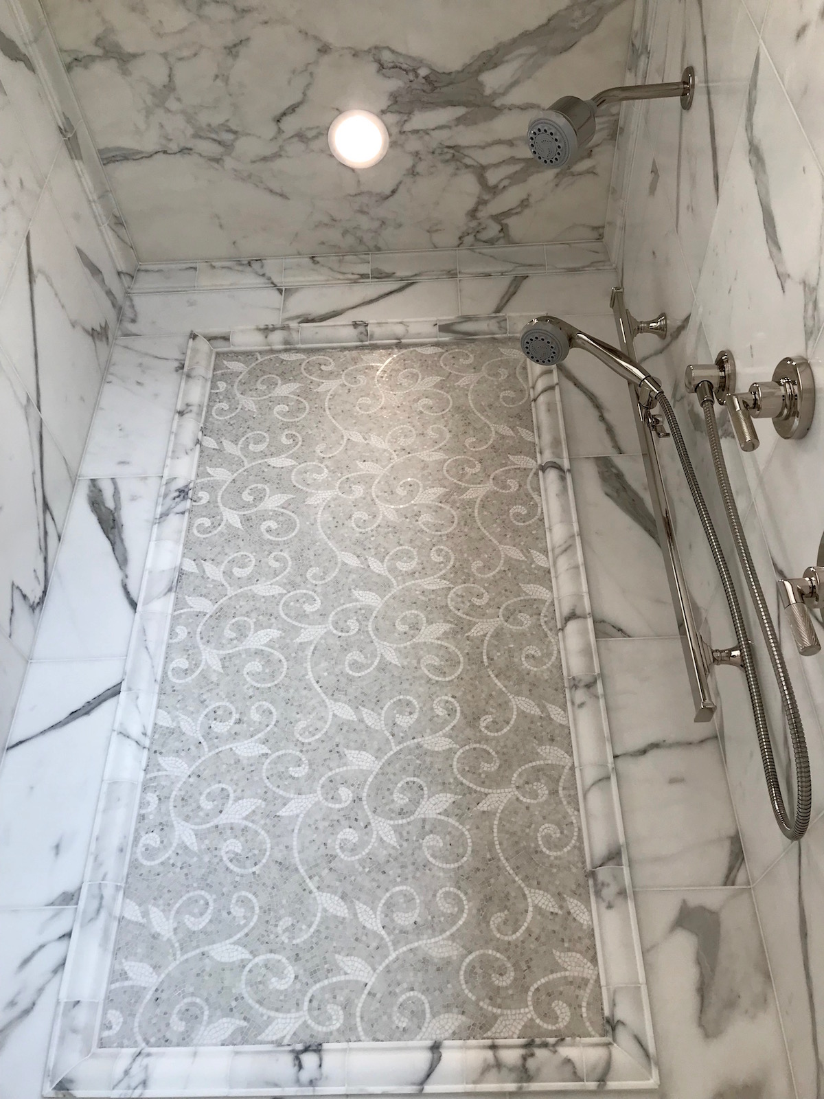 Calacatta Marble Shower with Mosaic Accent Feature Wall, Ann Sacks Marble