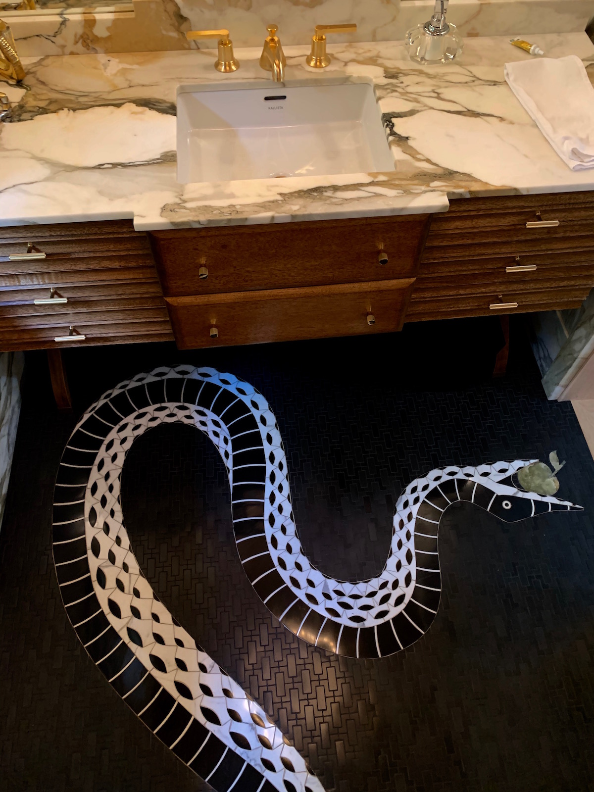 Dramatic snake serpent custom marble mosaic powder room floor