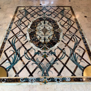 custom stone foyer medallion with brass inlays