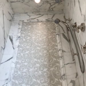 Calacatta Marble Shower with Mosaic Accent Feature Wall, Ann Sacks Marble