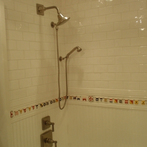 Waterworks Tile Shower with Nautical Flags Accents and Beadboard Tile