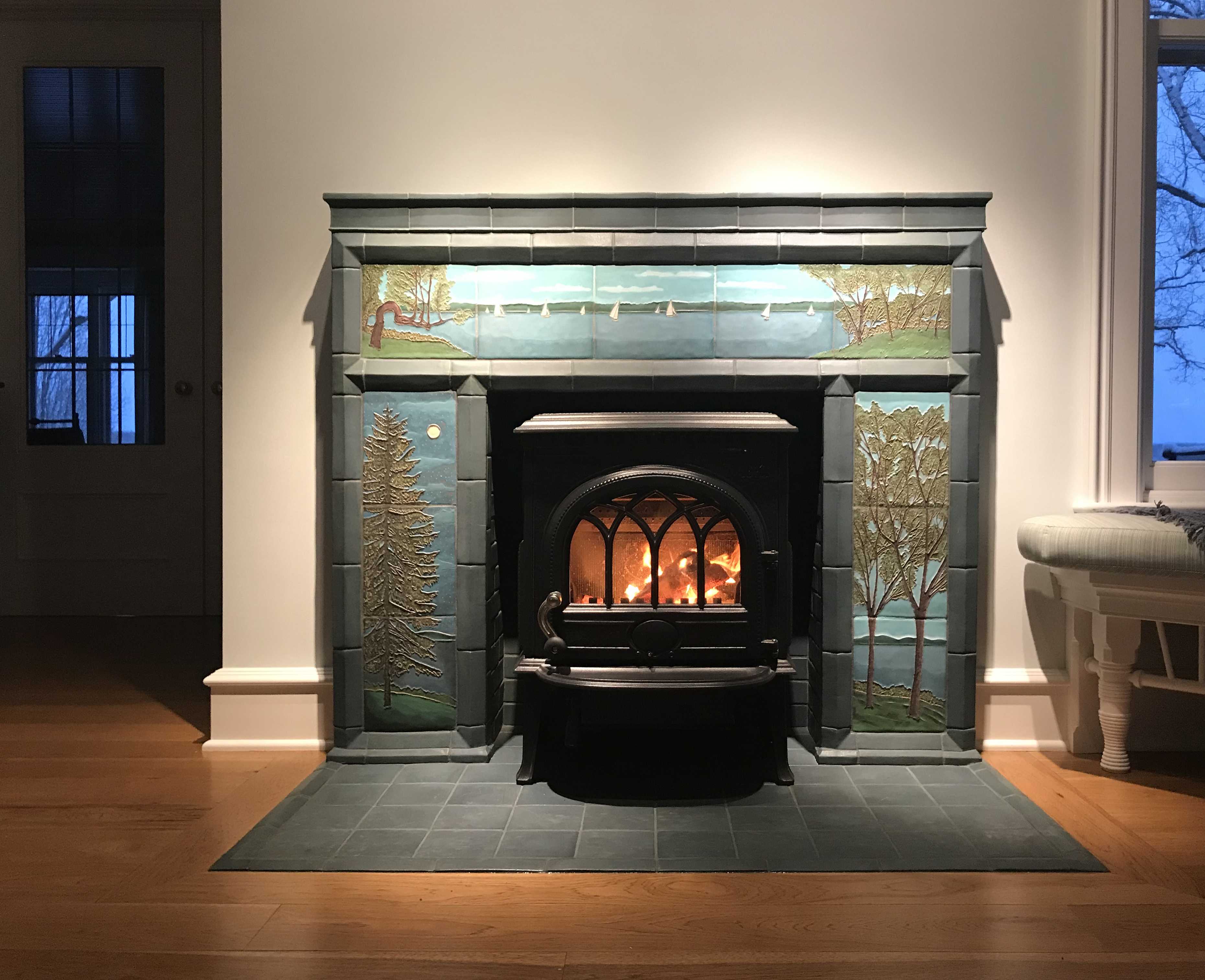 custom handmade art tile fireplace